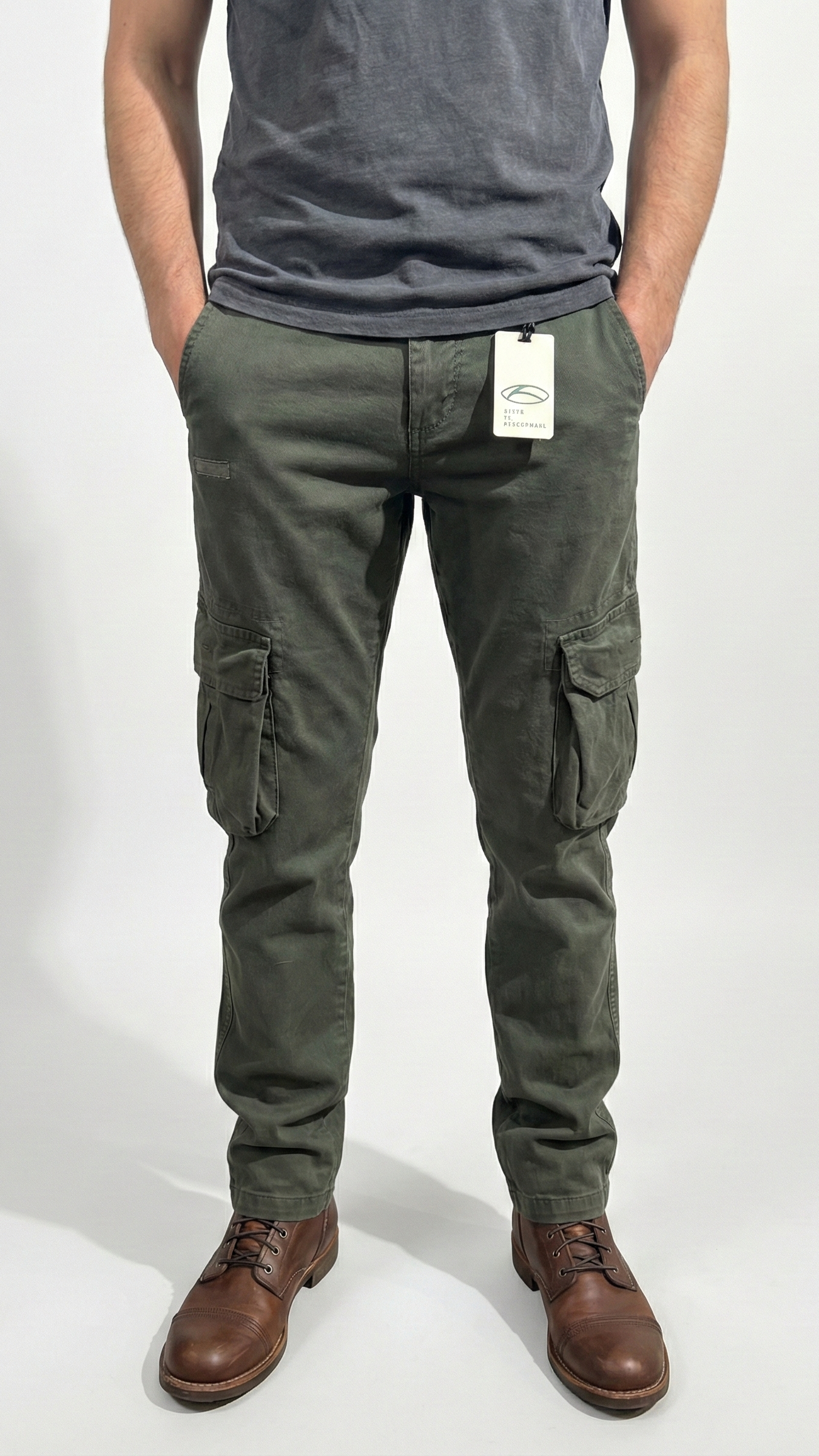 Pantaloni Cargo Slim-Fit in Cotone Lavato - Verde Oliva