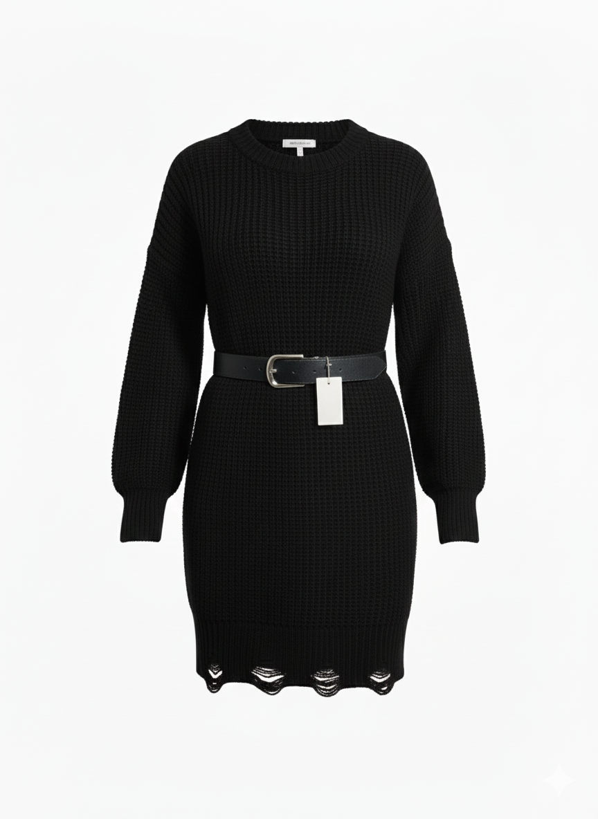 Abito corto Estee Brown in maglia (sweater dress) di colore nero, caratterizzato da uno stile casual ma con dettagli "grunge".