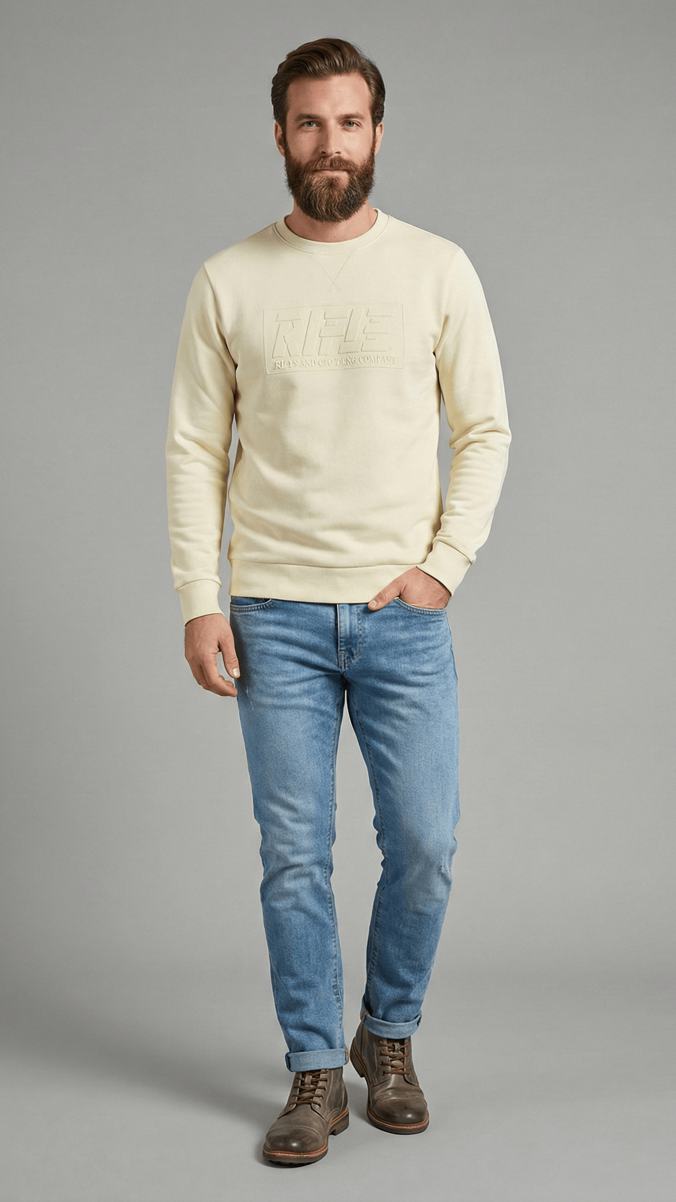 Felpa Girocollo Rifle Uomo - Beige con Logo in Rilievo