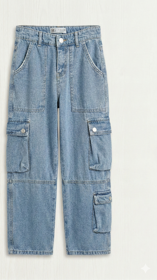 Jeans Cargo Wide Bambino-Leg Denim Lavaggio Medio SIG
