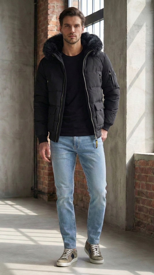 Bomber Invernale X-Cape Nero con Cappuccio e Ecopelliccia