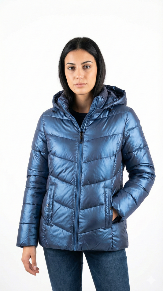 Piumino Donna Blu Metallizzato con Cappuccio - Stile Glamour e Caldo