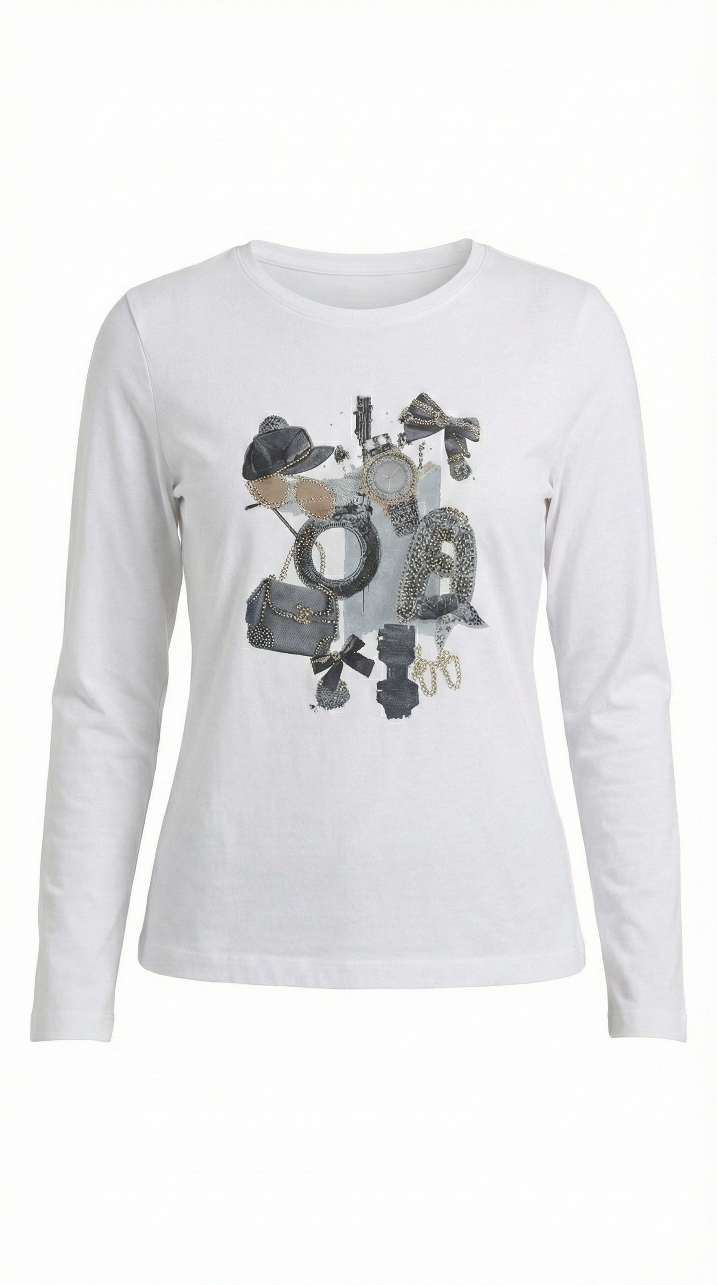 T-shirt a Maniche Lunghe con Stampa Fashion Collage – Nero