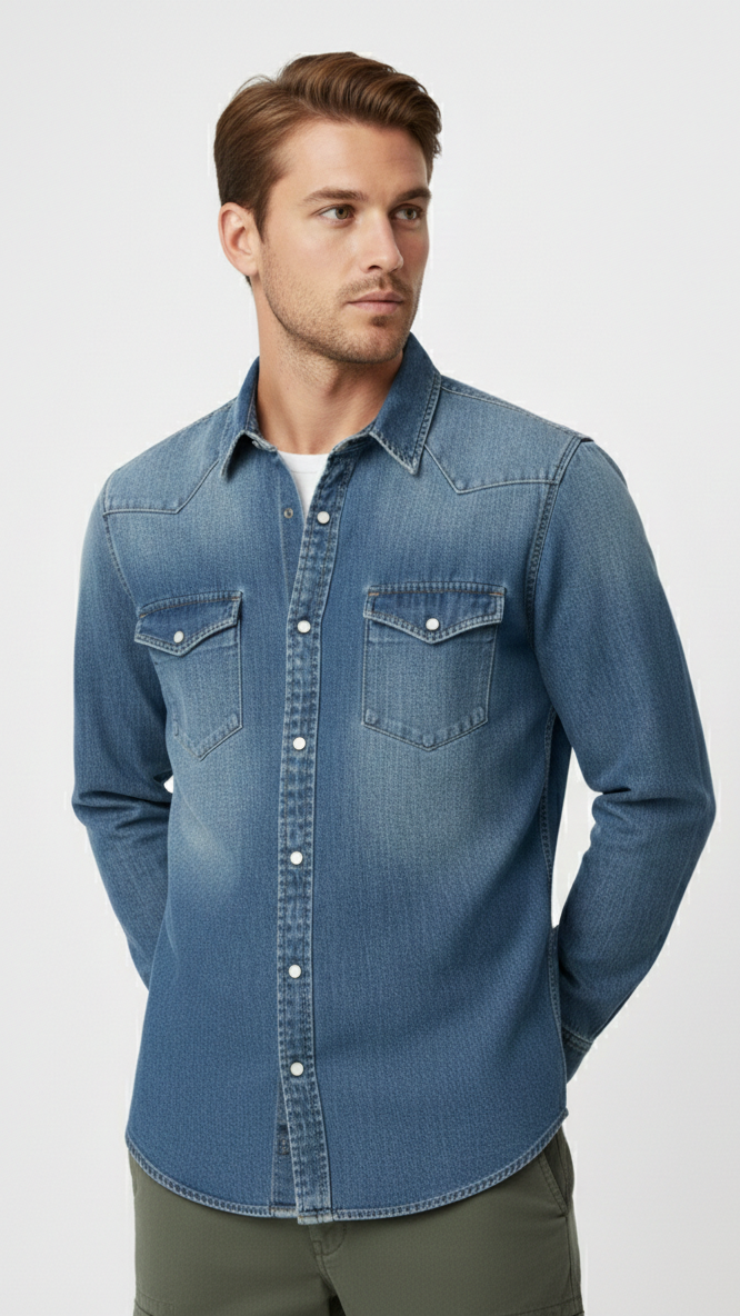 Camicia in Denim Stile Western con Bottoni a Pressione