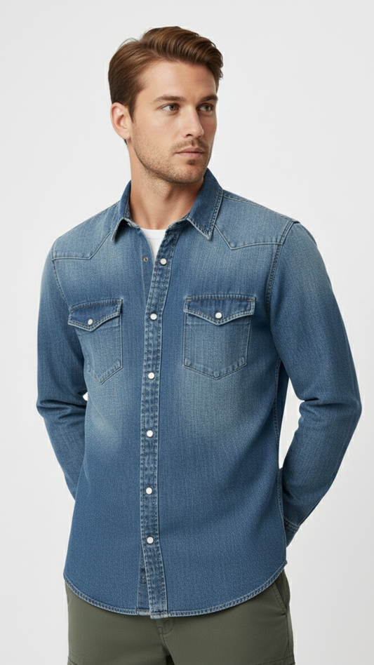 Camicia in Denim Stile Western con Bottoni a Pressione