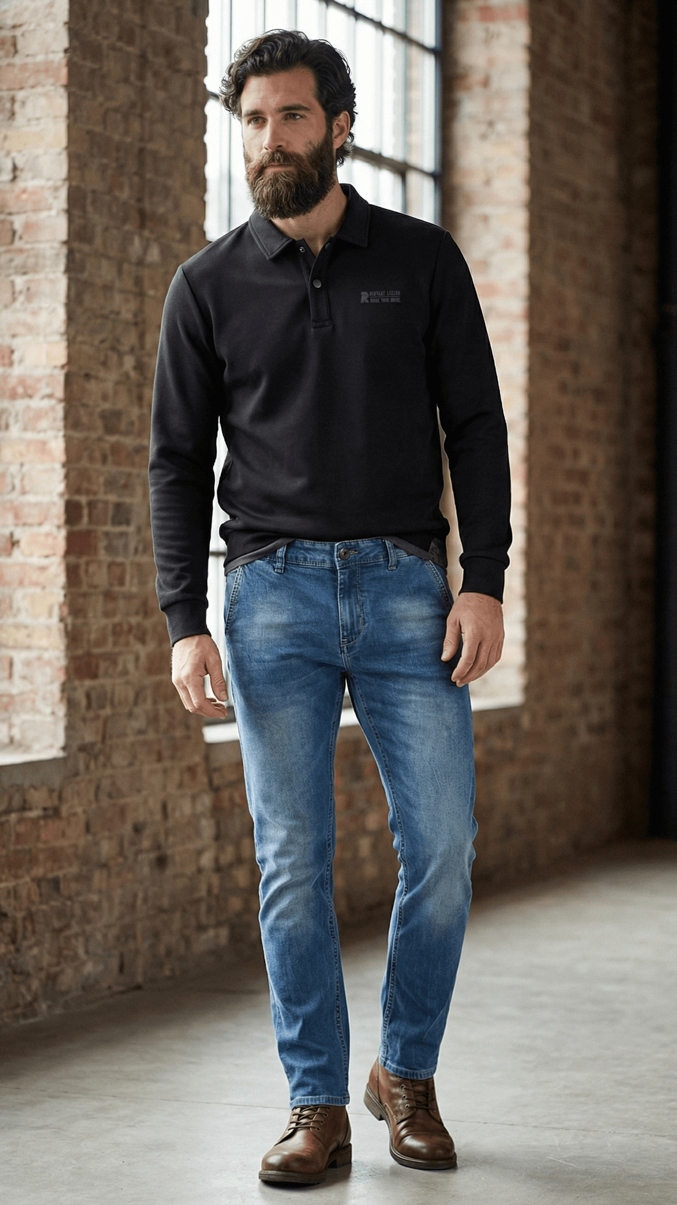 Polo a Manica Lunga Rifle - Modello "Vintage Legend" in Cotone Nero