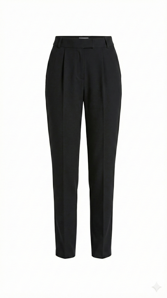 Pantalone Donna Nero a Vita Alta con Pinces e Piega Centrale