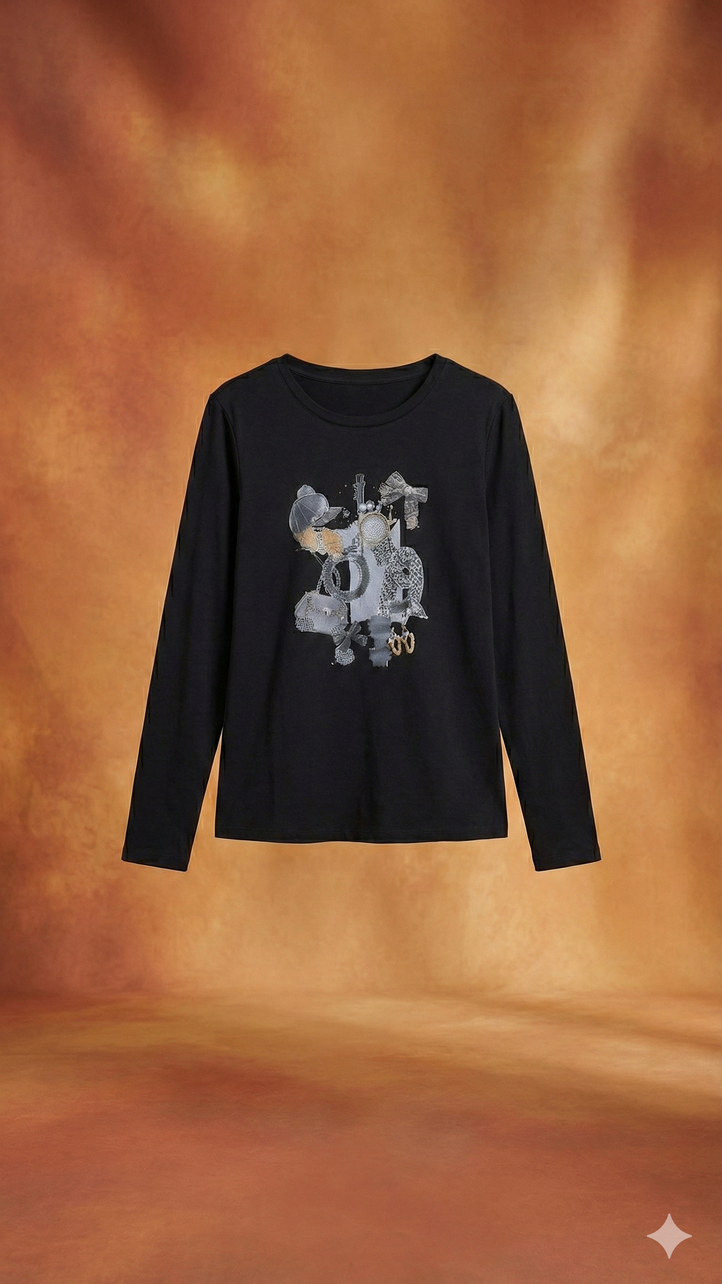 T-shirt a Maniche Lunghe con Stampa Fashion Collage – Nero