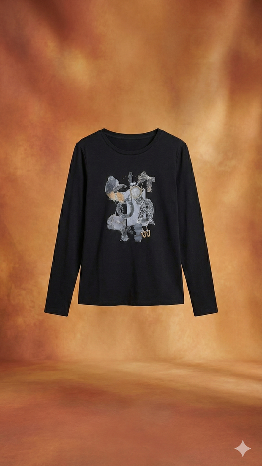 T-shirt a Maniche Lunghe con Stampa Fashion Collage – Nero