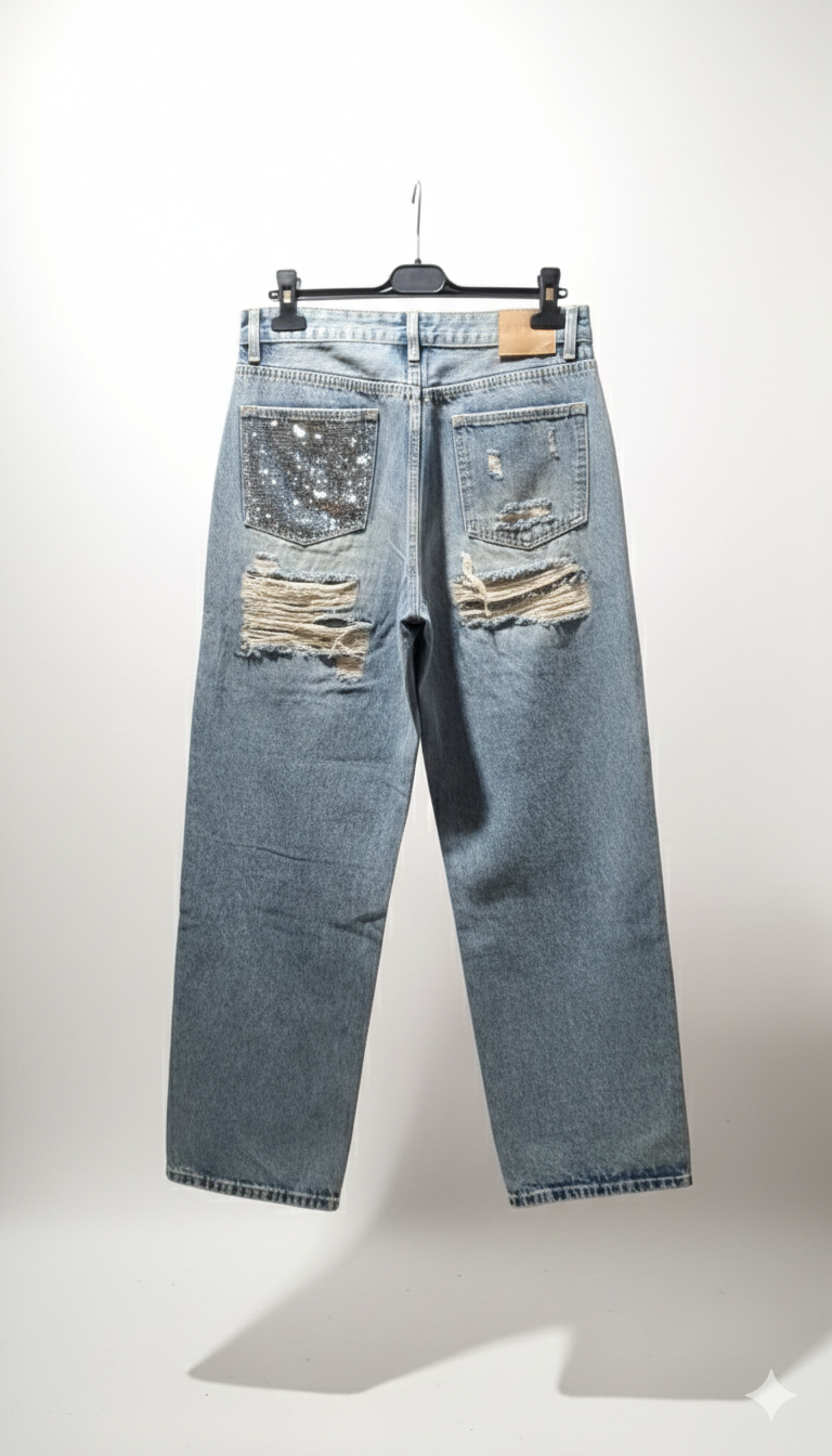 Jeans Wide Leg "Glitter & Distressed" – Lavaggio Light Blue