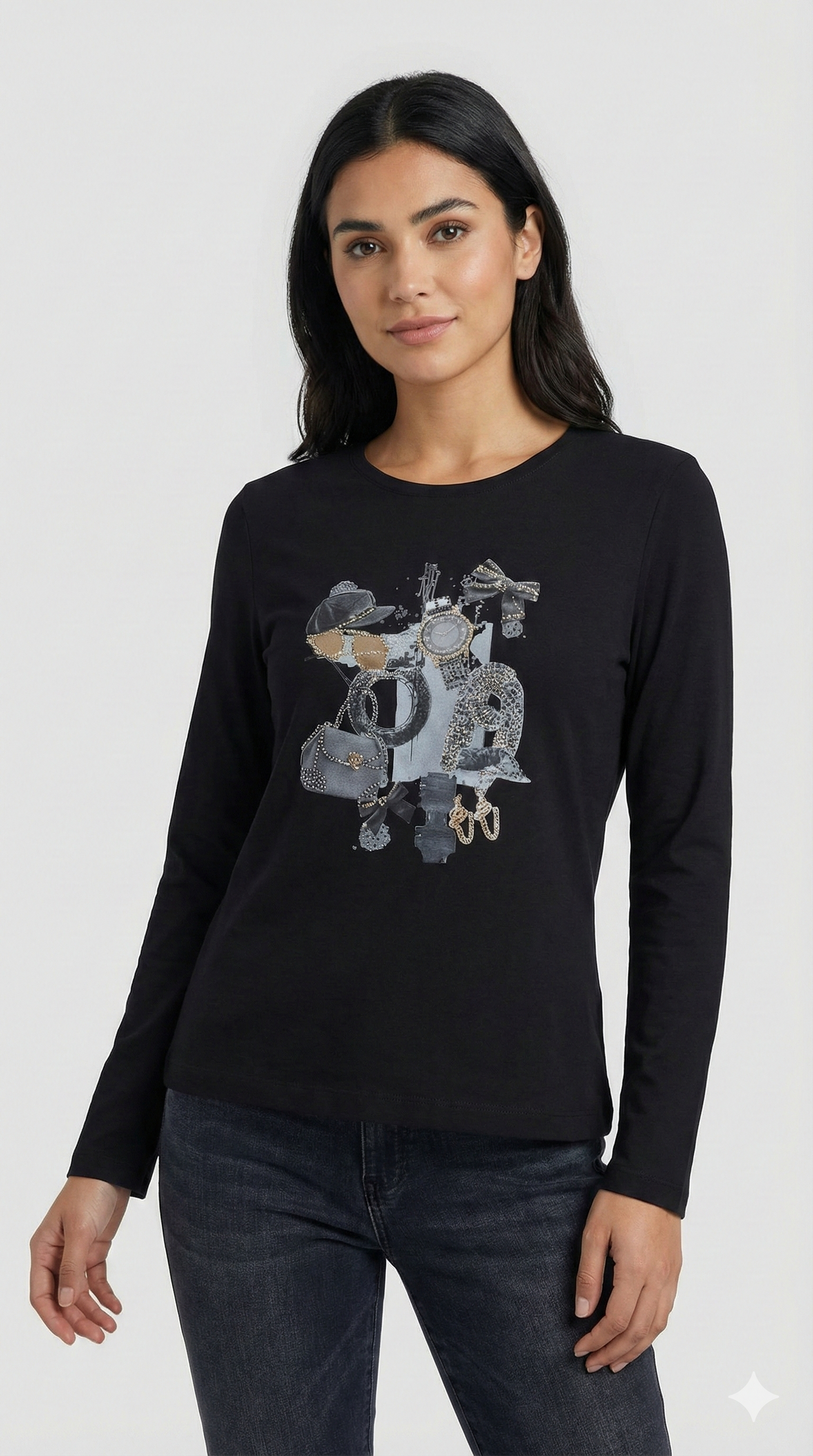 T-shirt a Maniche Lunghe con Stampa Fashion Collage – Nero