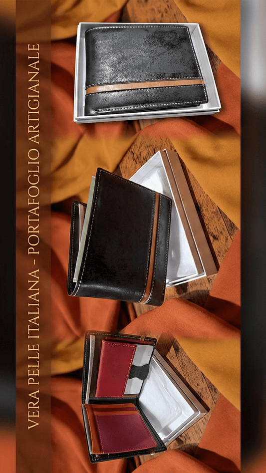 Portafoglio Uomo in Vera Pelle – Nero Classico con Interno Multicolore