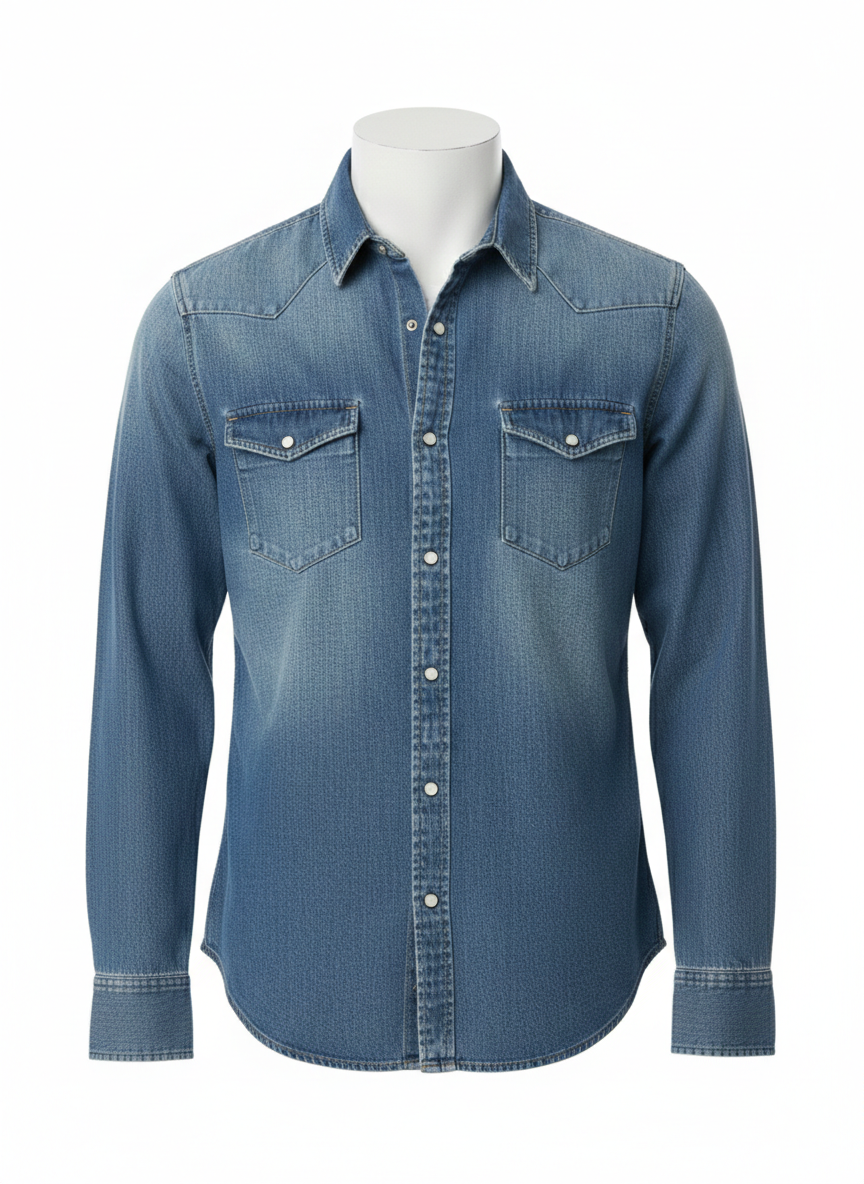 Camicia in Denim Stile Western con Bottoni a Pressione