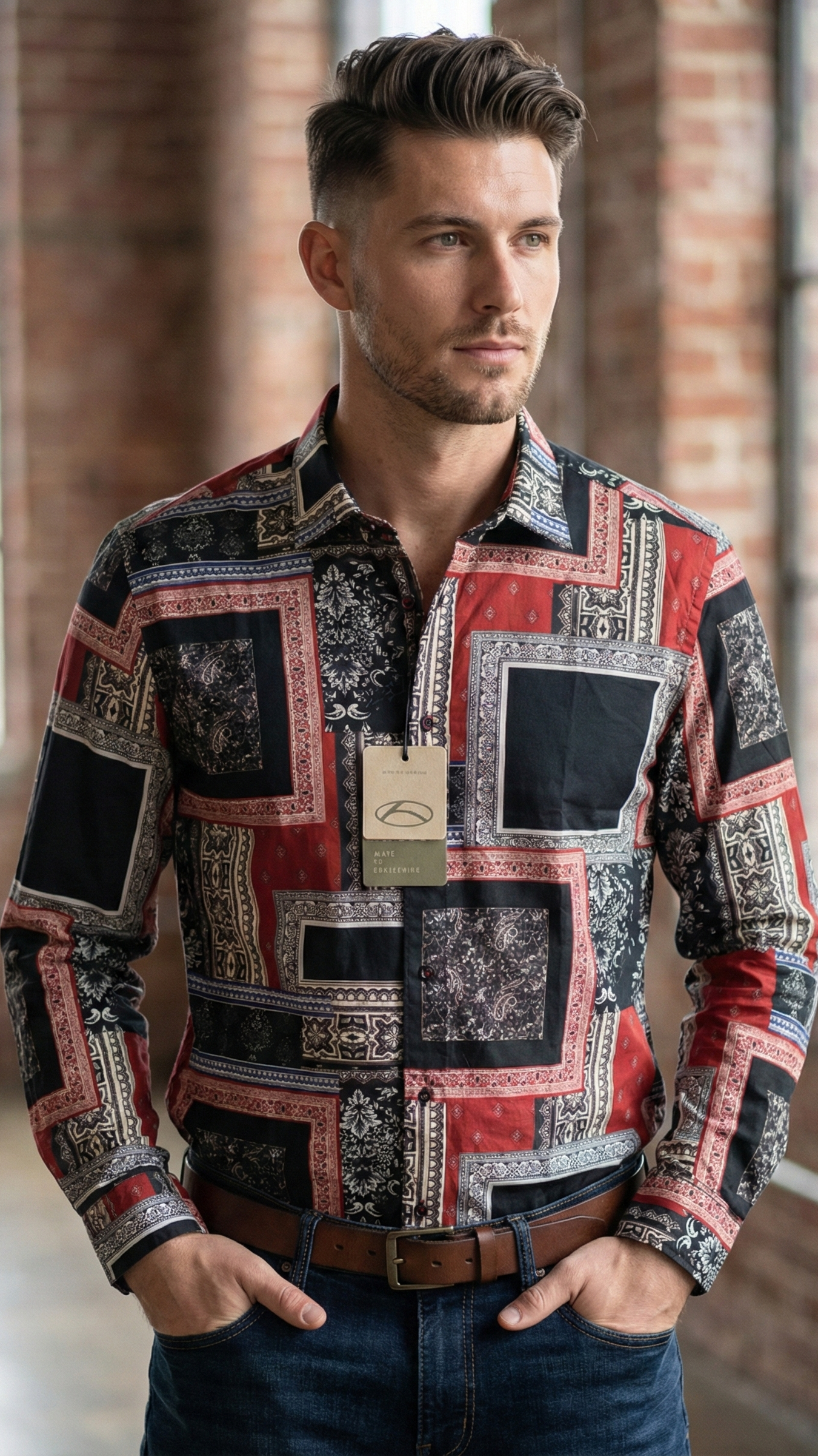 Camicia Uomo ALYVE a Maniche Lunghe con Stampa Patchwork Stile Bandana - Rosso/Nero