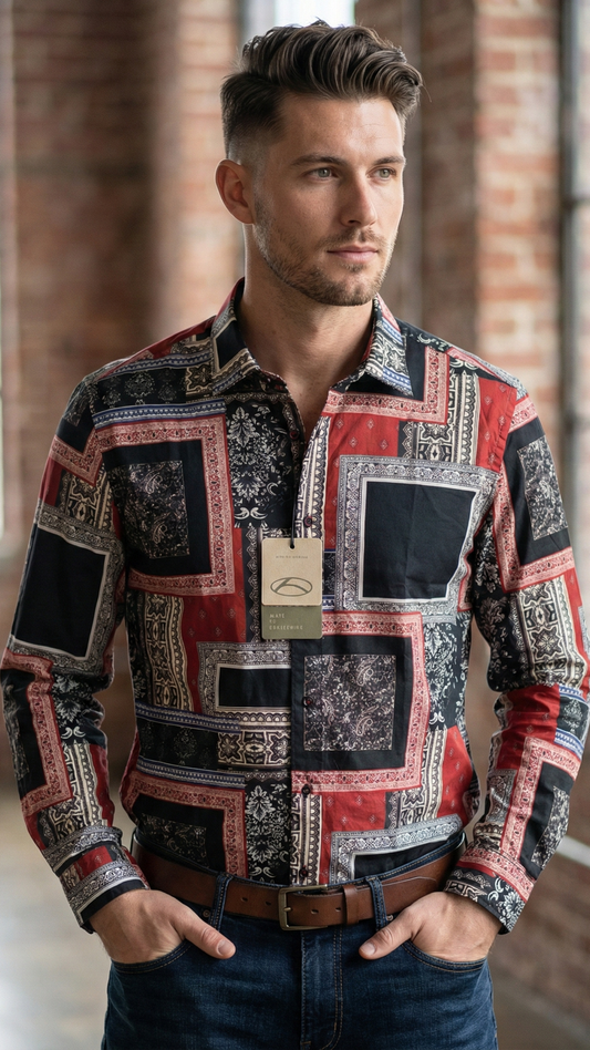 Camicia Uomo ALYVE a Maniche Lunghe con Stampa Patchwork Stile Bandana - Rosso/Nero