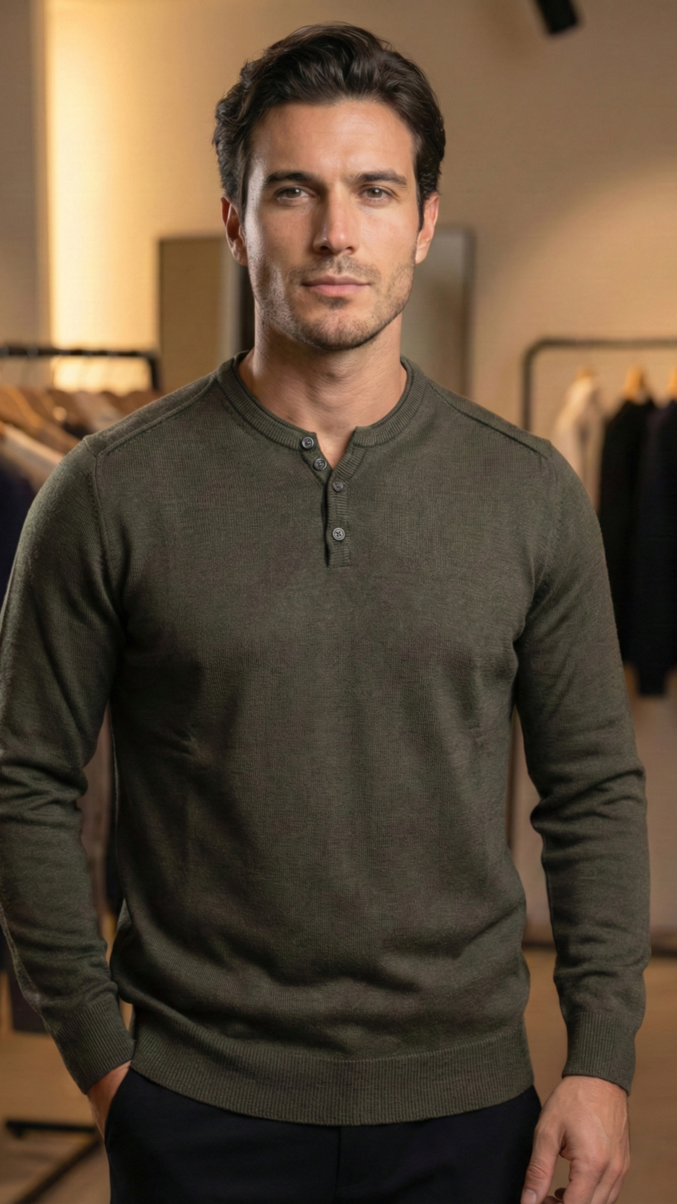 Maglia Uomo "Consenso" Modello Serafino in Misto Lana - Verde Oliva