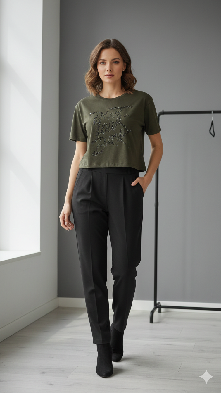 Pantalone Donna Nero a Vita Alta con Pinces e Piega Centrale